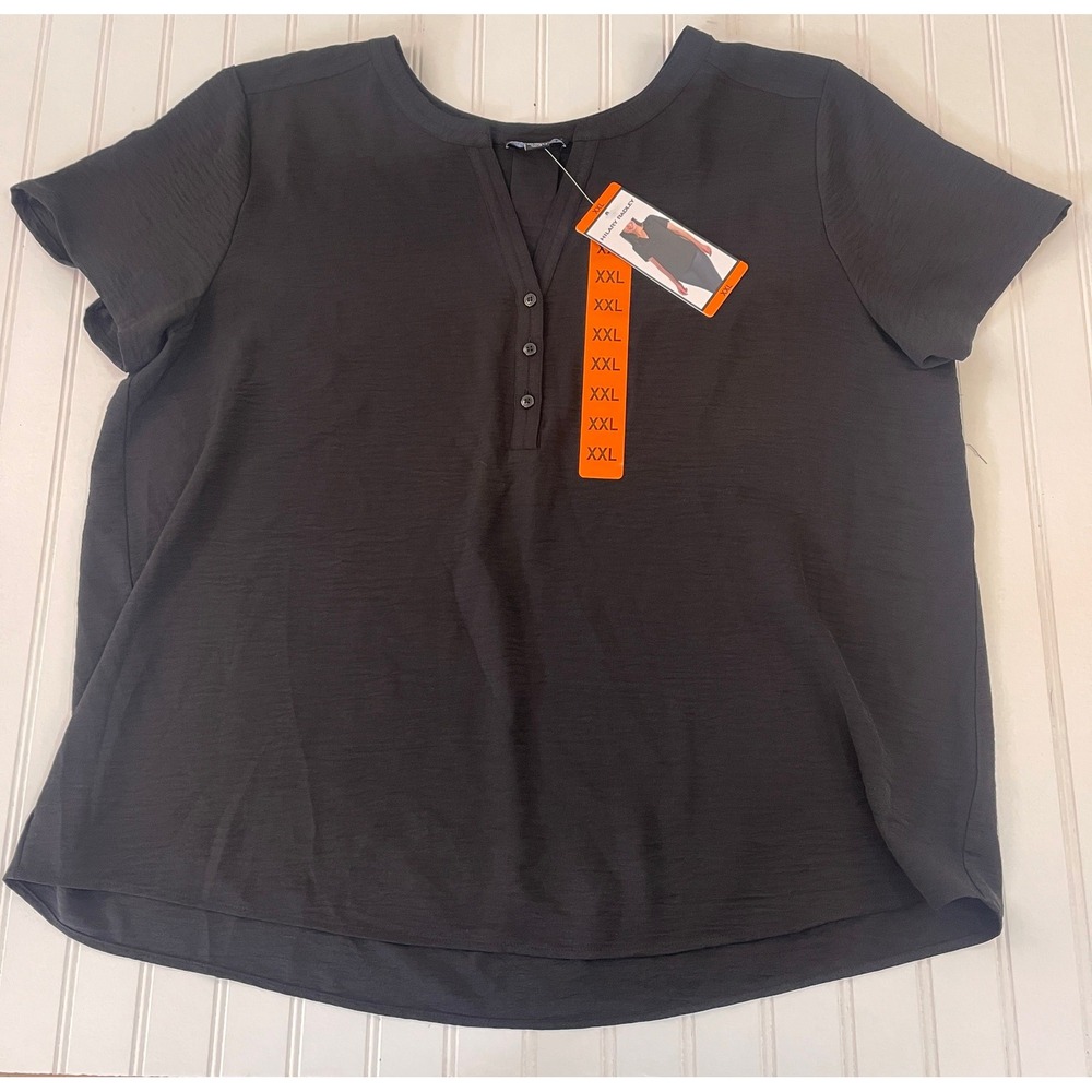 NWT Hilary Radley Womens XXL Black Short Sleeve Henley Blouse Slub Knit Top